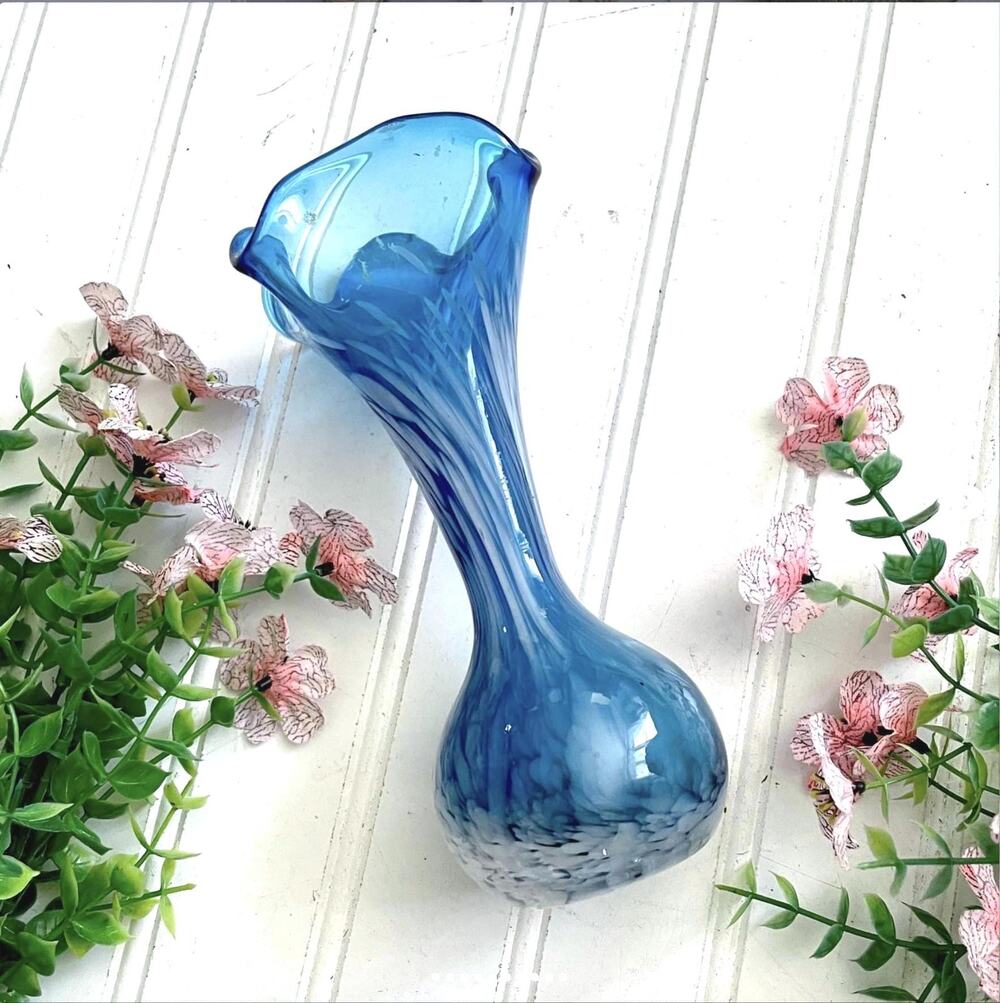 Vintage Blue White Handblown Art Glass Vase Ruffled Rim Spatter Base